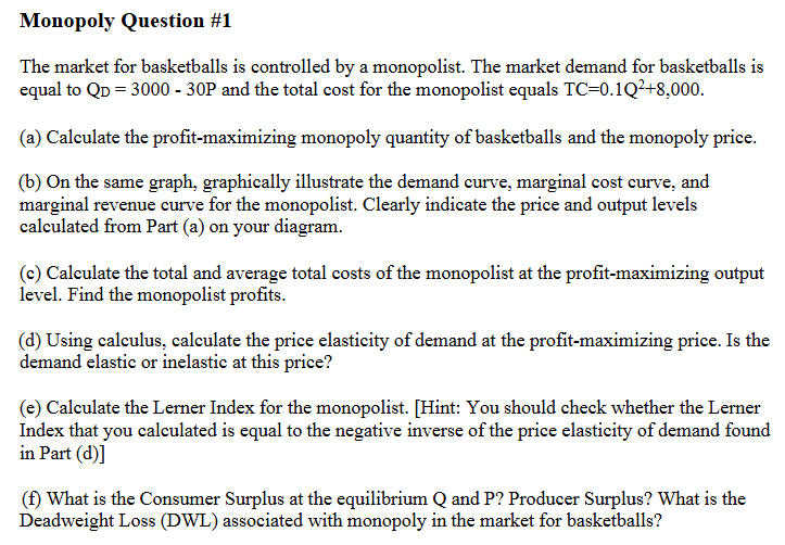 Solved Monopoly Question \#1The market for basketballs is | Chegg.com