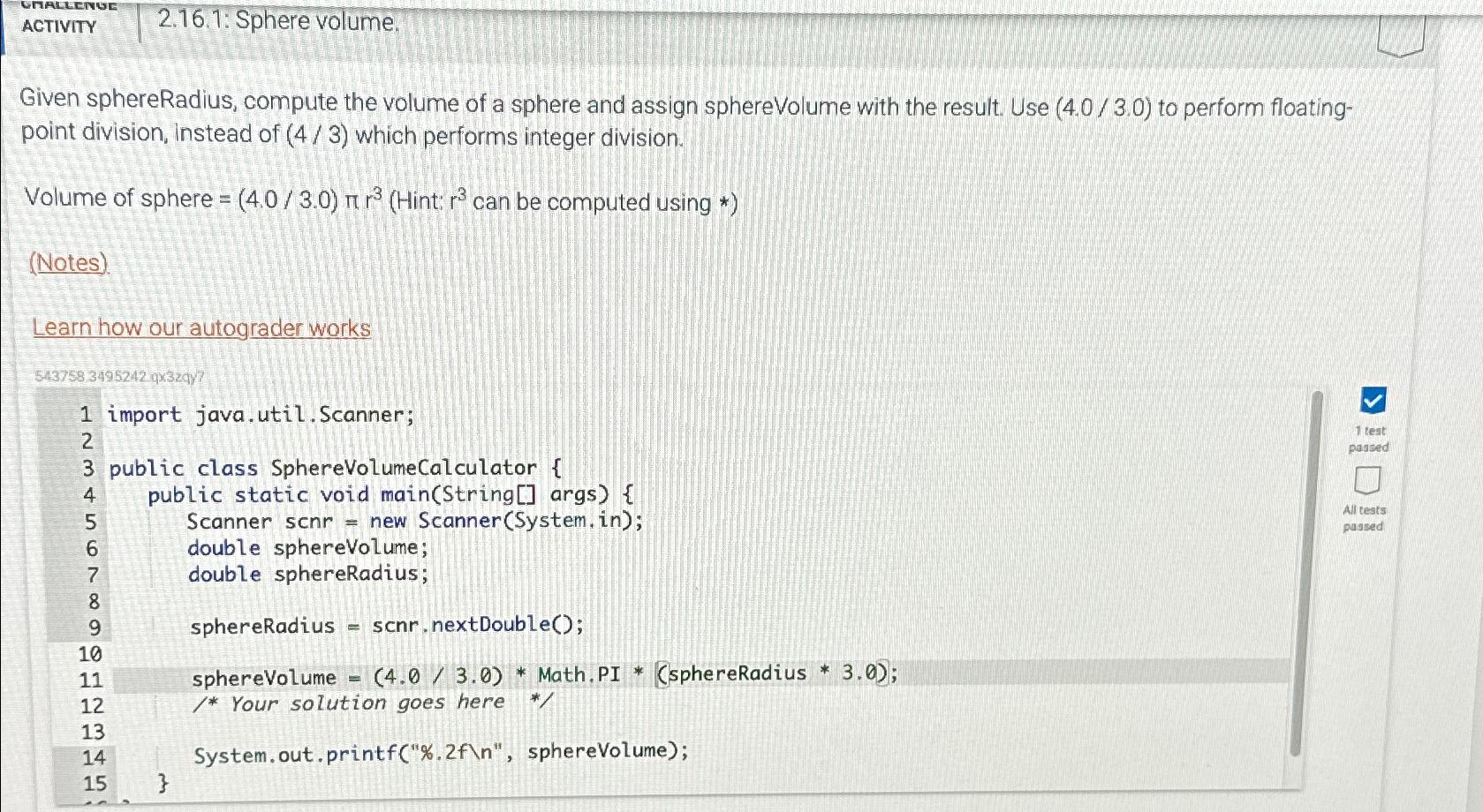 Solved \table[[ACTIVITY,2.16.1: Sphere volume,]]Given | Chegg.com
