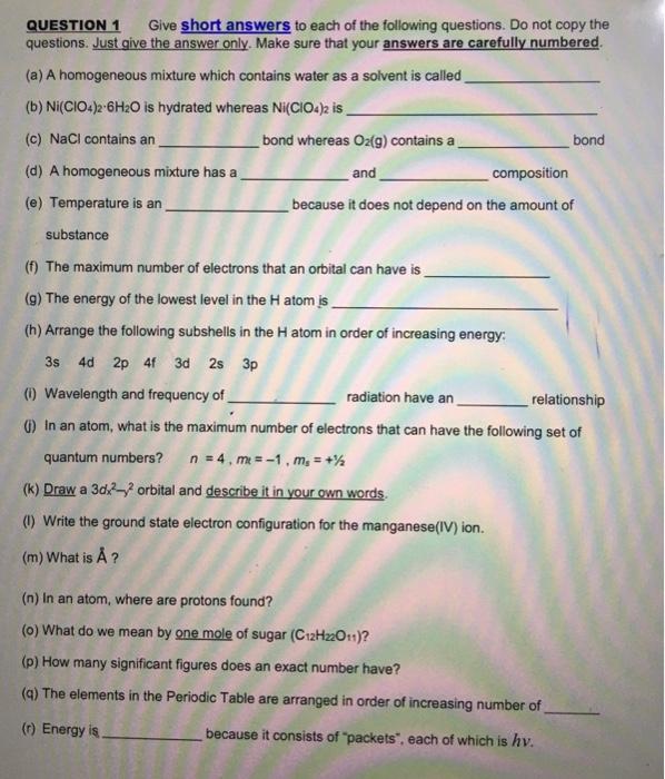 And Question 1 Give Short Answers To Each Of The F Chegg Com