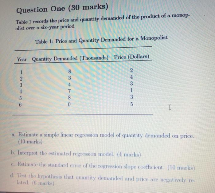 Solved Question One (30 marks) Table 1 records the price and