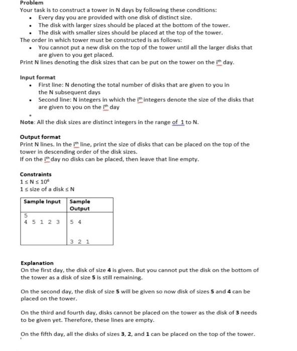 Solved Problem Your task is to construct a tower in N days | Chegg.com