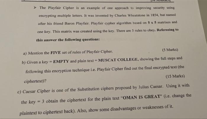 Solved The Playfair Cipher Is An Example Of One Approach To | Chegg.com