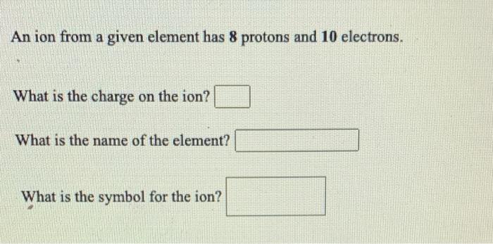 Solved An ion from a given element has 8 protons and 10 | Chegg.com