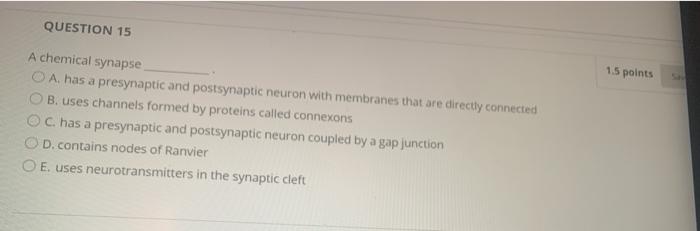 QUESTION 15 1.5 points A chemical synapse O A. has a presynaptic and postsynaptic neuron with membranes that are directly con