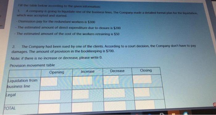 Solved Fill the table below according to the given | Chegg.com