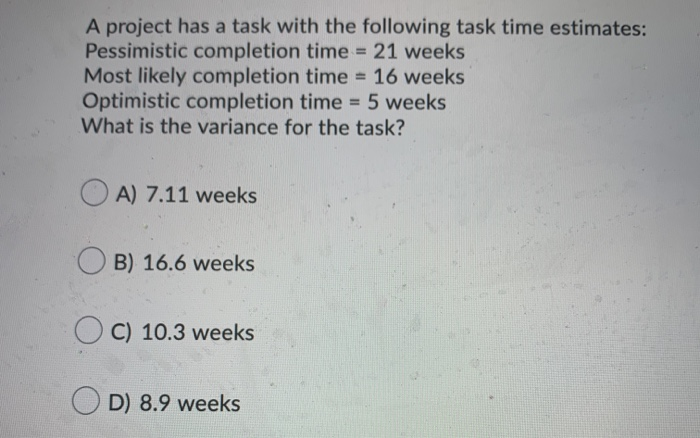 Solved A project has a task with the following task time | Chegg.com