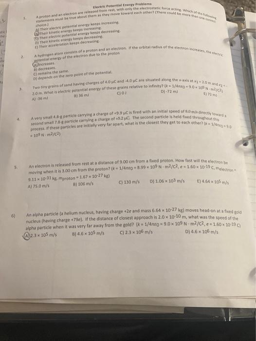 Solved Electric Potential Energy Problems 1 warments must be