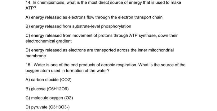Solved 14. In chemiosmosis, what is the most direct source | Chegg.com