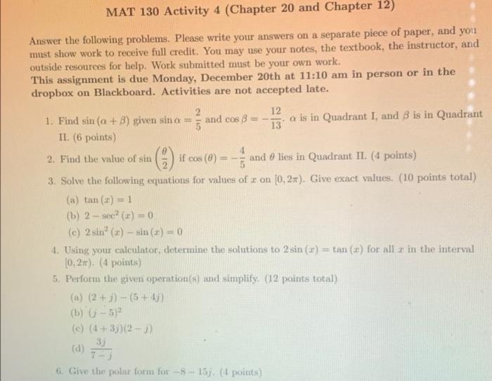 Solved MAT 130 Activity 4 (Chapter 20 and Chapter 12) IN | Chegg.com