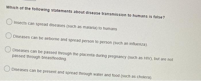 Which of the following statements about disease transmission to humans is false? Insects can spread diseases (such as malaria