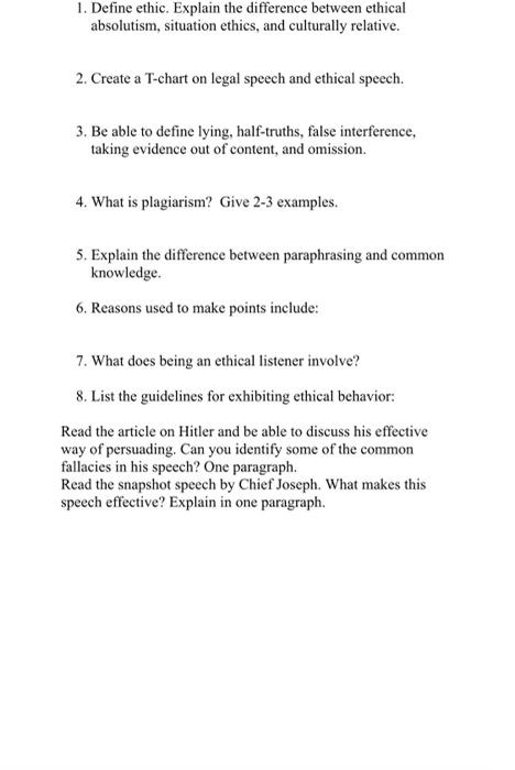 Solved 1. Define ethic. Explain the difference between | Chegg.com