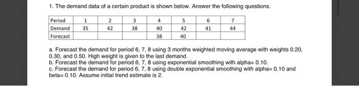 Solved 1. The demand data of a certain product is shown | Chegg.com
