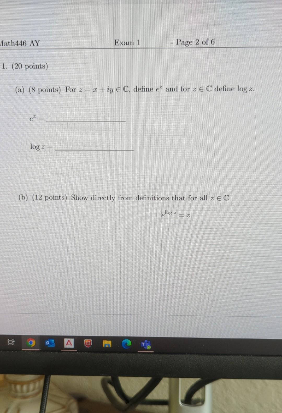 Solved (a) (8 points) For z=x+iy∈C, define ez and for z∈C