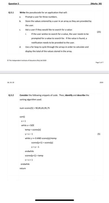 Solved Question 5 (Marks 30) Q.5.1 Write the pseudocode for | Chegg.com