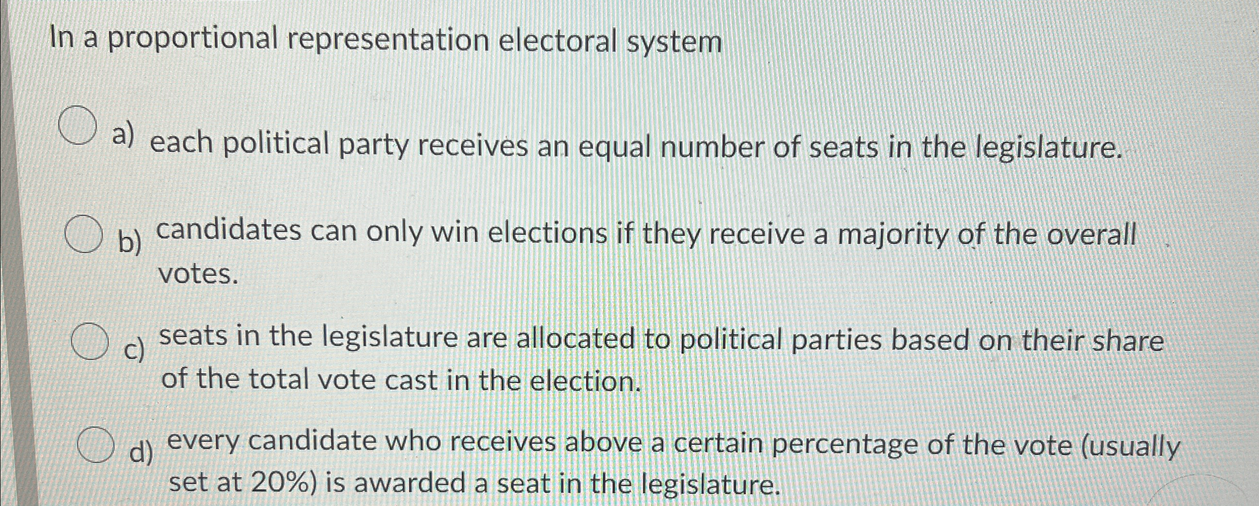 Solved In a proportional representation electoral systema) | Chegg.com