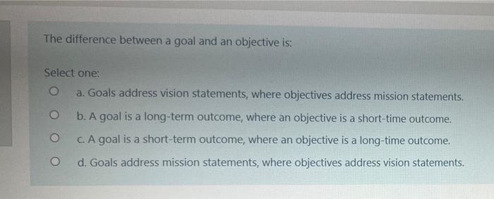 Solved The difference between a goal and an objective is: | Chegg.com