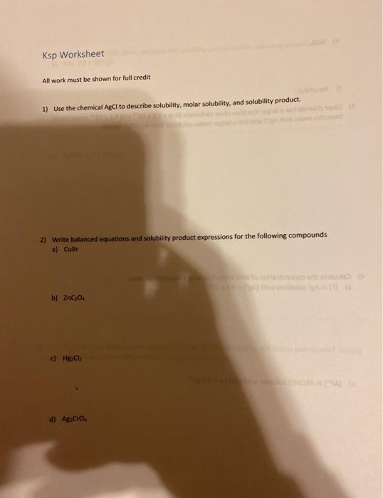 Solved Ksp Worksheet All work must be shown for full credit