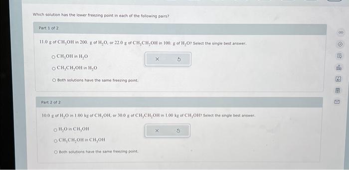 Solved Which solution has the lower freezing point in each | Chegg.com