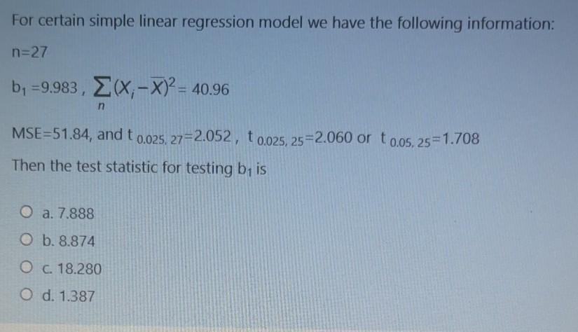 Solved For certain simple linear regression model we have | Chegg.com