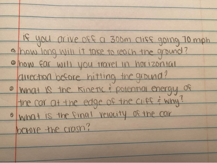 Solved if you arive off a 300m cliff going 70 mph how long | Chegg.com