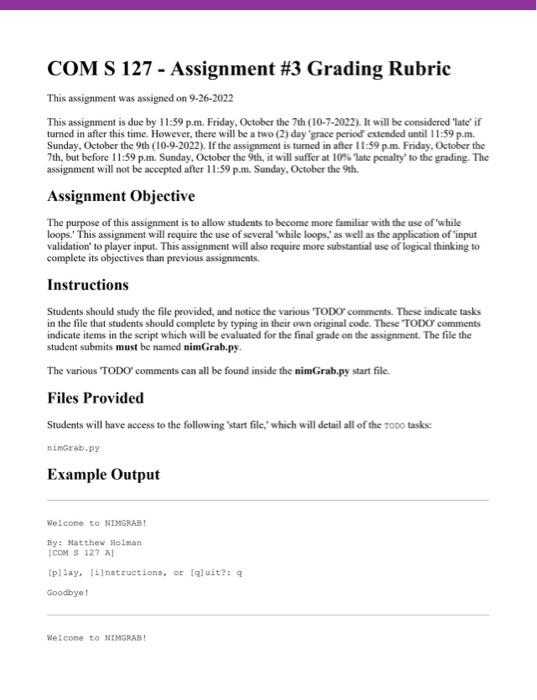 Solved COM S 127 - Assignment #3 Grading Rubric This | Chegg.com