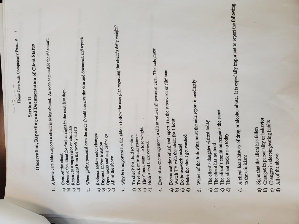 Home Care Aide Competency Exam A 2 Section I