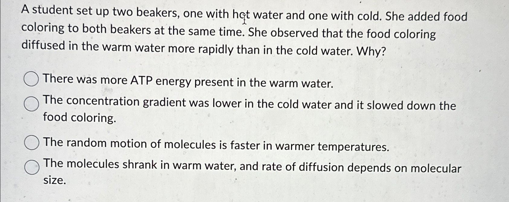 Solved A student set up two beakers, one with hagt water and | Chegg.com