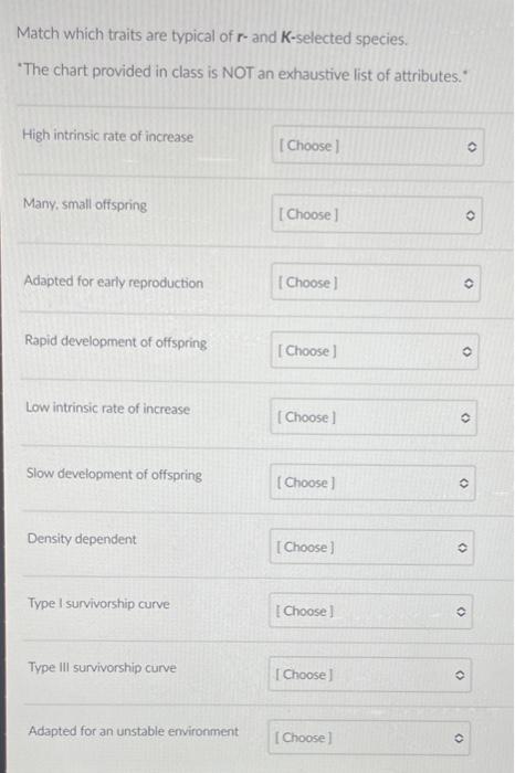 Solved answer choices for each part include: r-selected, | Chegg.com