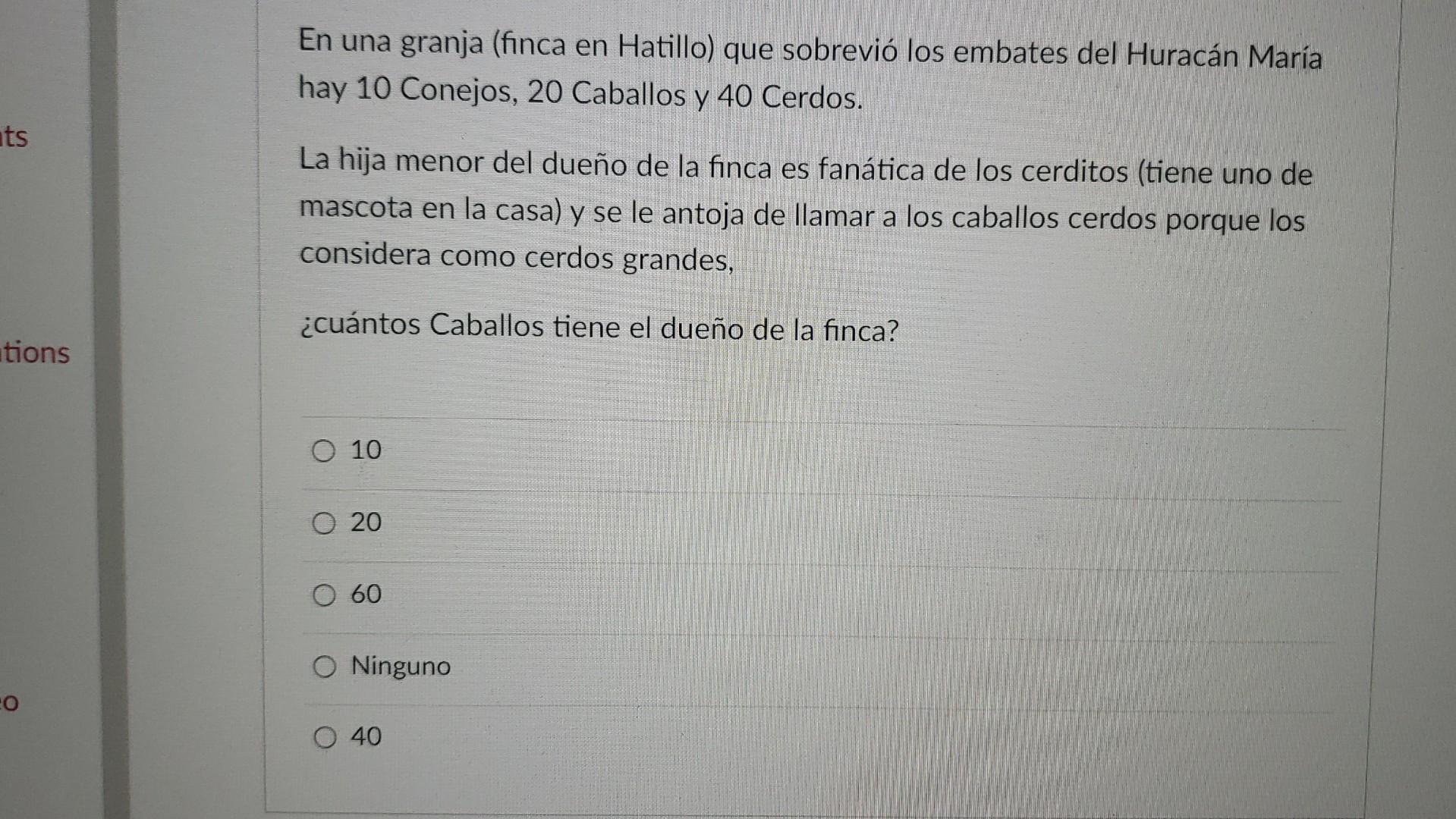 En una granja (finca en Hatillo) que sobrevió los embates del Huracán María hay 10 Conejos, 20 Caballos y 40 Cerdos. La hija