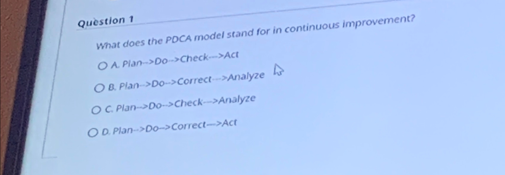 Solved Question 1What does the PDCA model stand for in | Chegg.com