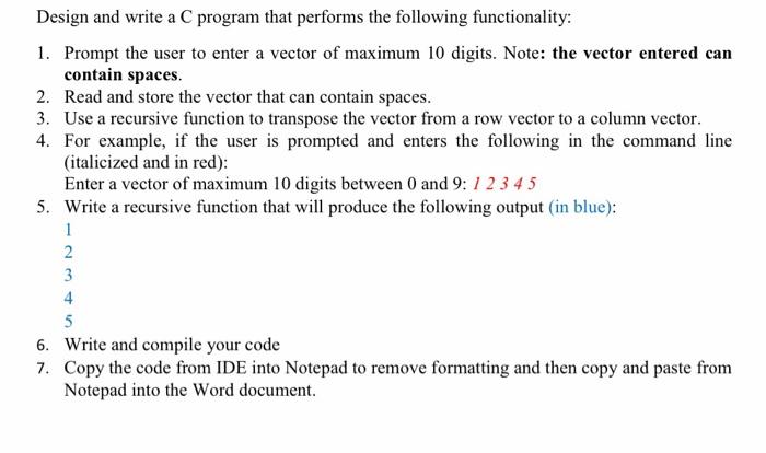 Solved Design and write a C program that performs the | Chegg.com