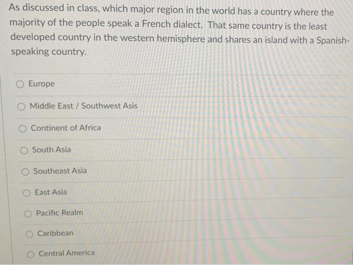 Solved As Discussed In Class Which Major Region In The Chegg Com