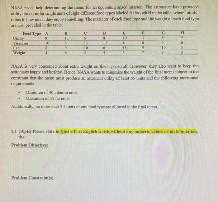 Solved NASA needs help determining the menu for an upcoming | Chegg.com