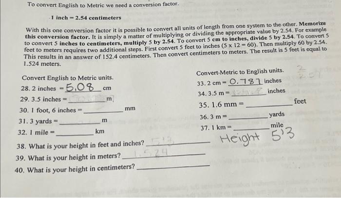 Converting Whole Inches to Centimeters (A)