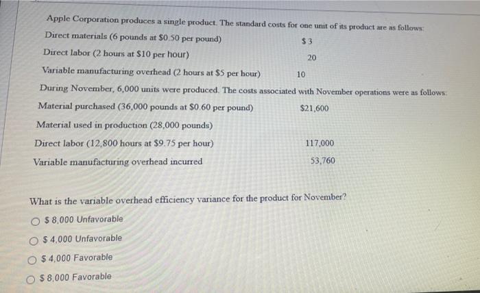 Solved Apple Corporation produces a single product. The | Chegg.com