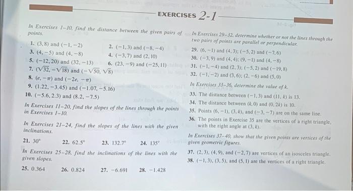 Solved EXERCISES 2-1- In Exercises 1-10. Find The Distance | Chegg.com