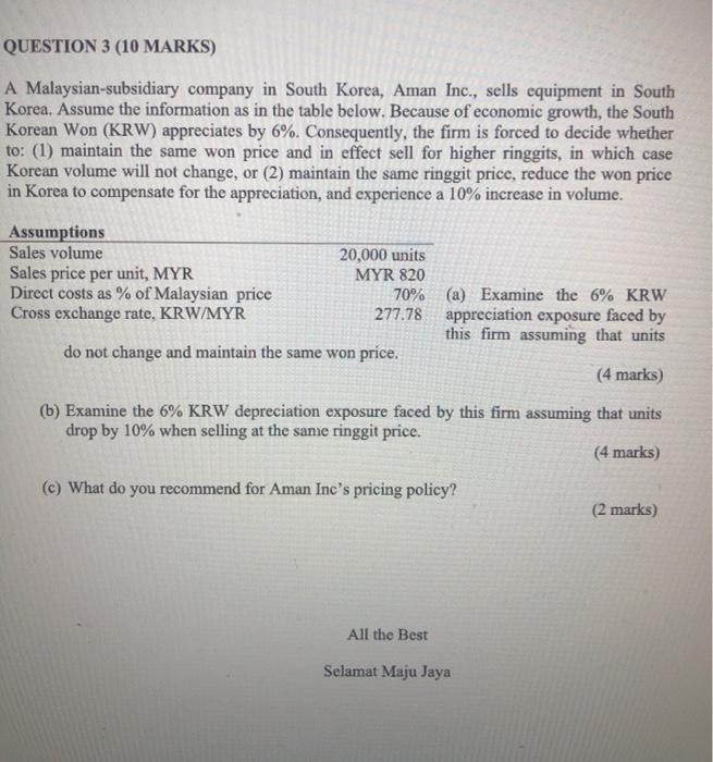 Question 3 10 Marks A Malaysian Subsidiary Company Chegg Com