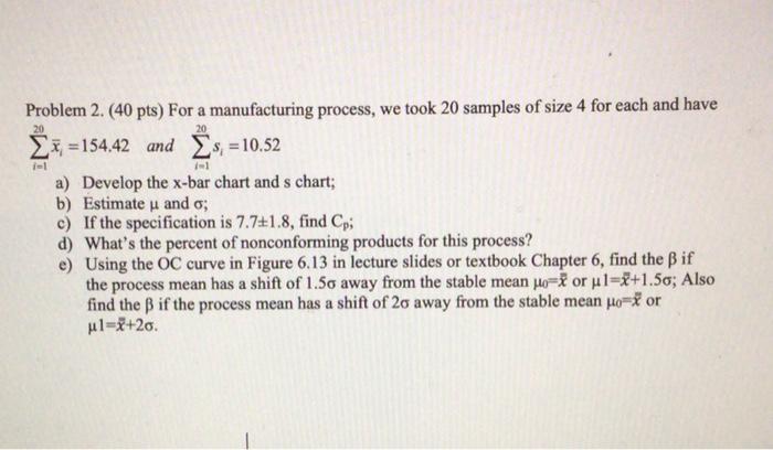Solved 20 20 Problem 2. (40 pts) For a manufacturing | Chegg.com