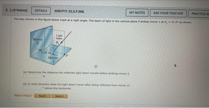 Solved The two mirrors in the figure below meet at a right | Chegg.com
