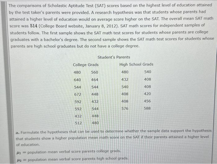 The comparisons of Scholastic Aptitude Test (SAT) | Chegg.com