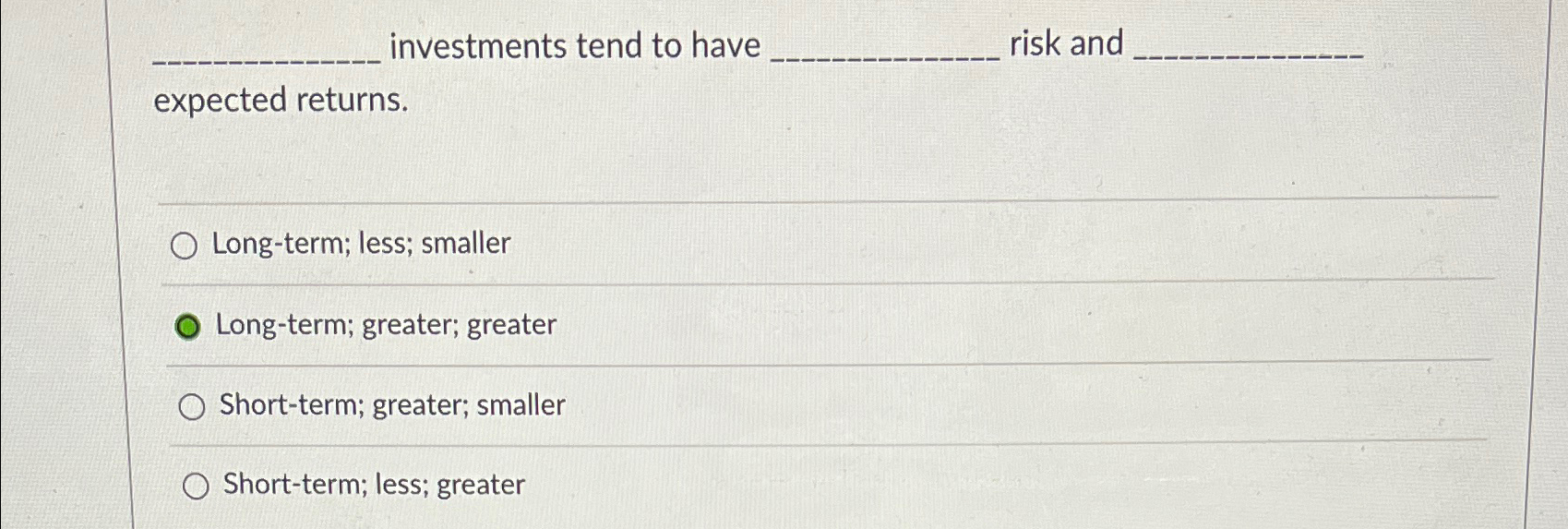 Solved investments tend to have risk and . ﻿expected | Chegg.com