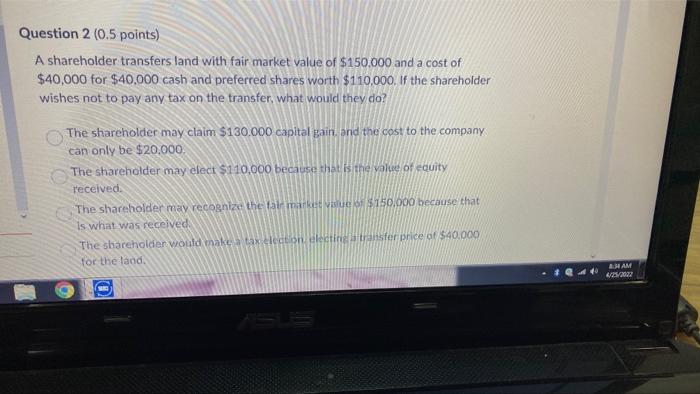 Solved Question 2 (0.5 points) A shareholder transfers land | Chegg.com