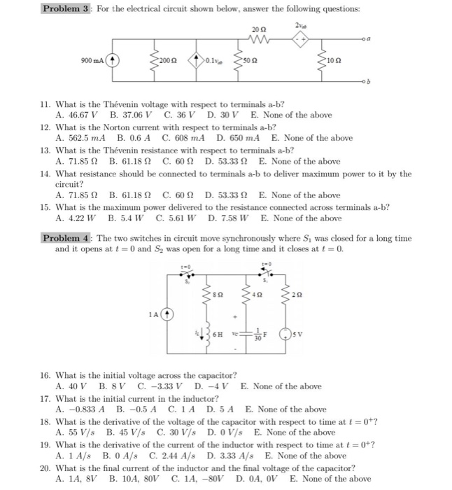 Solved Problem 3 : For the electrical circuit shown below, | Chegg.com