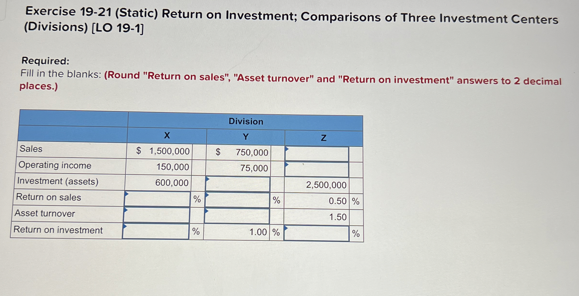 Solved Exercise 19-21 (Static) ﻿Return on Investment; | Chegg.com