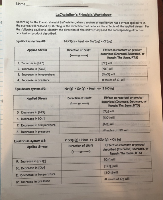 Solved Name LeChatelier's Principle Worksheet According to | Chegg.com