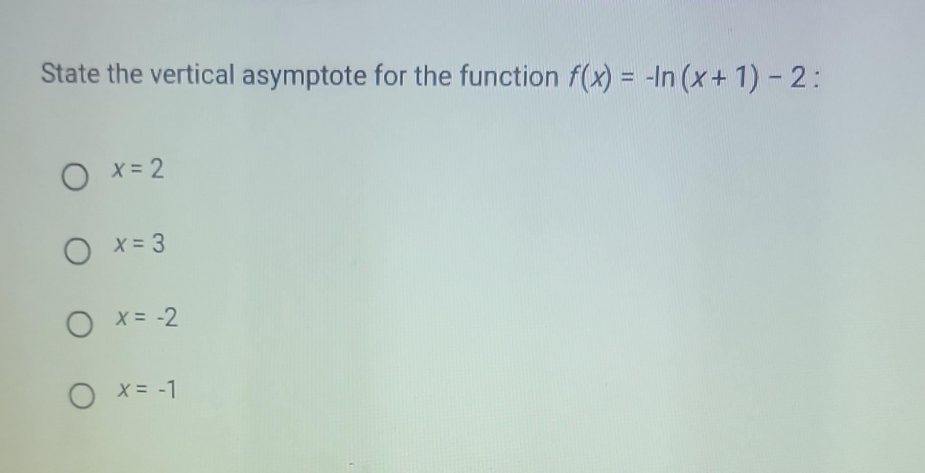 Solved State the vertical asymptote for the function | Chegg.com