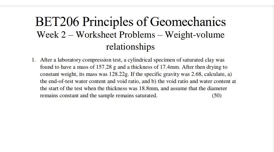 Solved BET206 Principles of Geomechanics Week 2 – Worksheet | Chegg.com