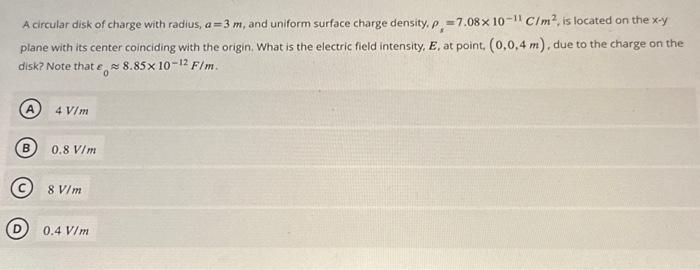 Solved A circular disk of charge with radius, a=3 m, and | Chegg.com