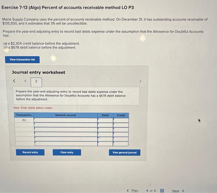 Solved Exercise 7-13 (Algo) Percent Of Accounts Receivable | Chegg.com