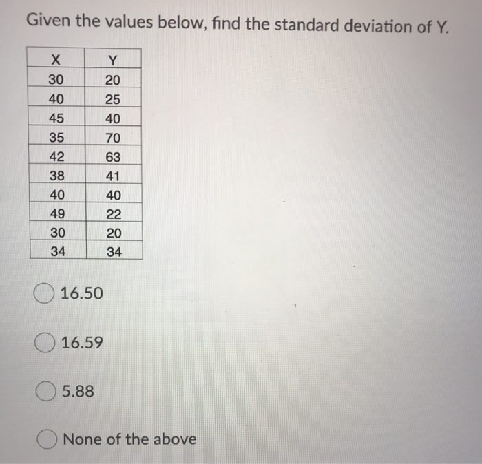 Solved Given the values below, find the standard deviation | Chegg.com